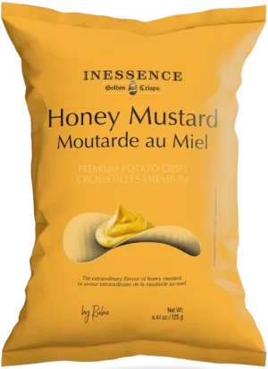 Gelbe Packung Honey Moustard Potato Crisps mit Inessence Logo