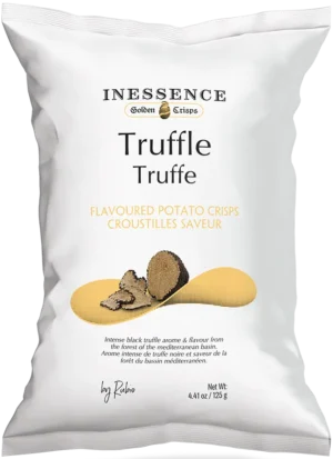 Schwarze Trüffelchips in edler weißer Verpackung von Inessence Golden Crisps – luxuriöse Kartoffelchips mit Trüffelgeschmack.